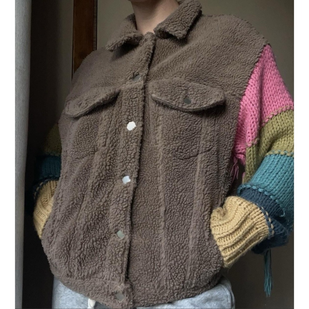 POL Teddy Fleece Trucker Jacket With Colorful Sleeves Sz M Brown Festival Boho